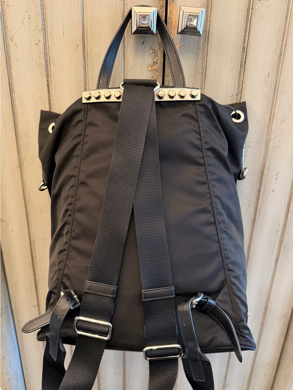 Prada Vela Black Nylon Backpack with Red Leather Studded Strap - Picture 3 of 8